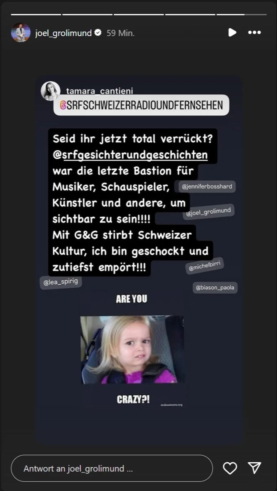 Schauspielerin Tamara Cantieni gibt sich schockiert über die Neuigkeiten.