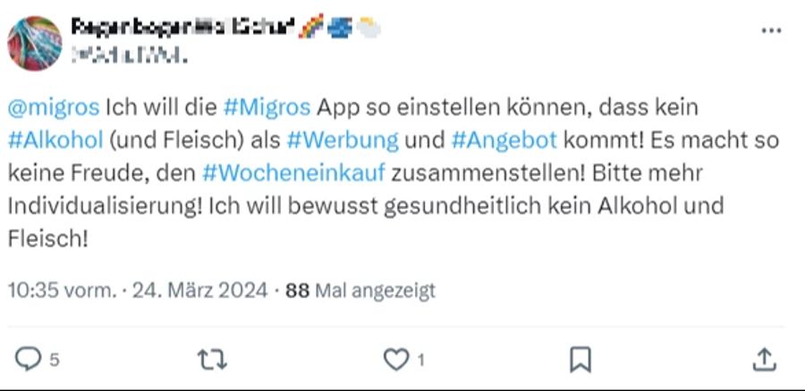 Ein Kunde fordert, dass die Alkoholangebote in der Migros-App ausgeblendet werden können.