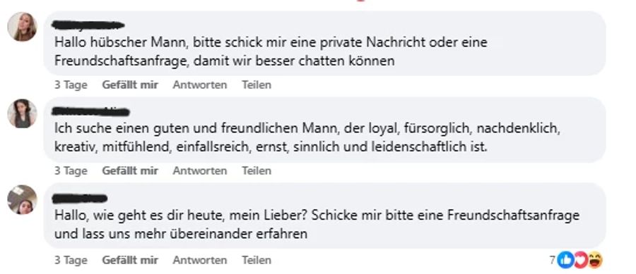 Mit solchen Nachrichten versuchen Bots auf Facebook, Singles zum Chatten zu bringen.