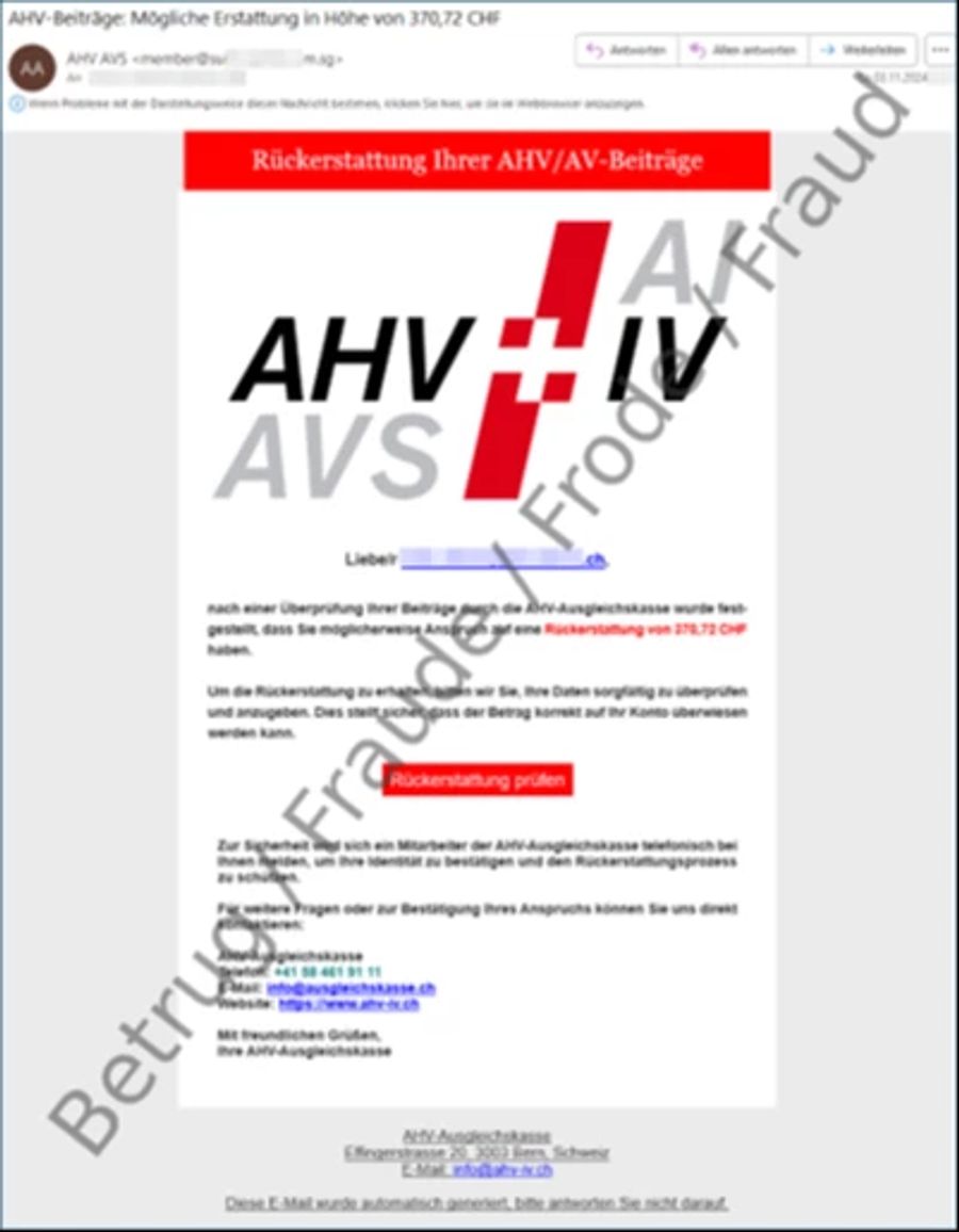 Im Namen der AHV-Ausgleichkasse probieren Cyberkriminelle in einer Phishing-Mail, an Geld zu gelangen.