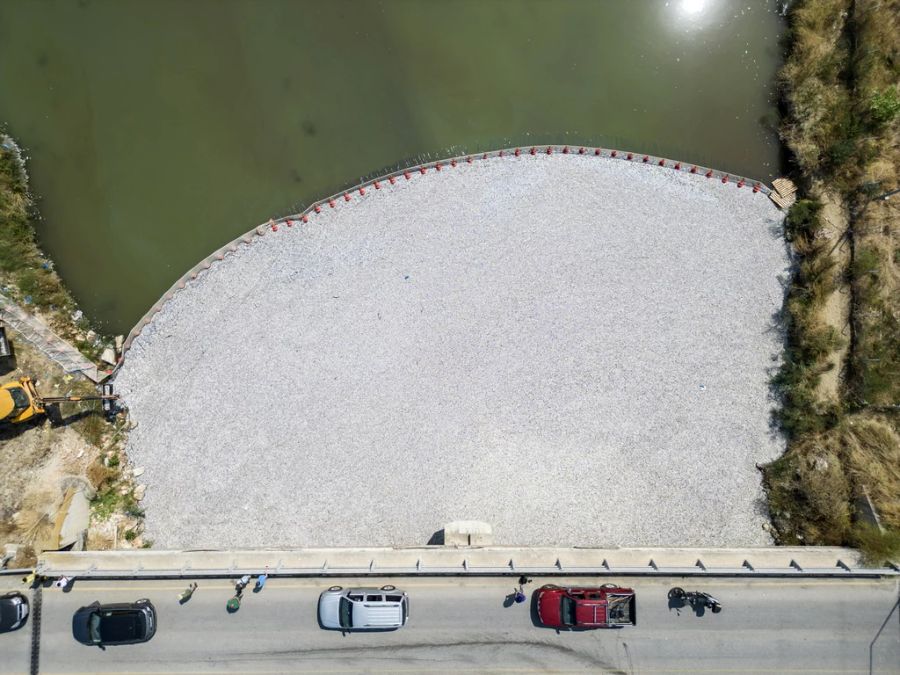 Blick von oben auf Tonnen toter Fische in Volos.