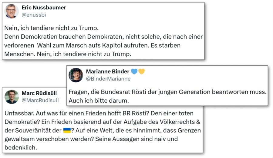 Nationalratspräsident Eric Nussbaumer betont, zu wem er eben nicht tendiert, während die "Mitte" es unfassbar findet, dass Bundesrat Albert Rösti zu Trump tendiert.