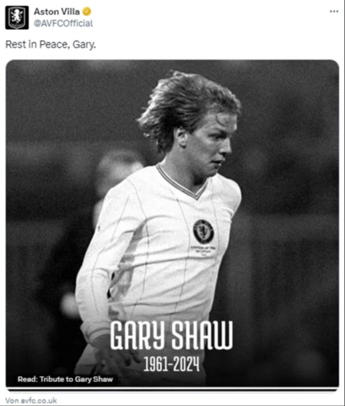 Aston Villa trauert um Gary Shaw (†63). Aston Villa YB