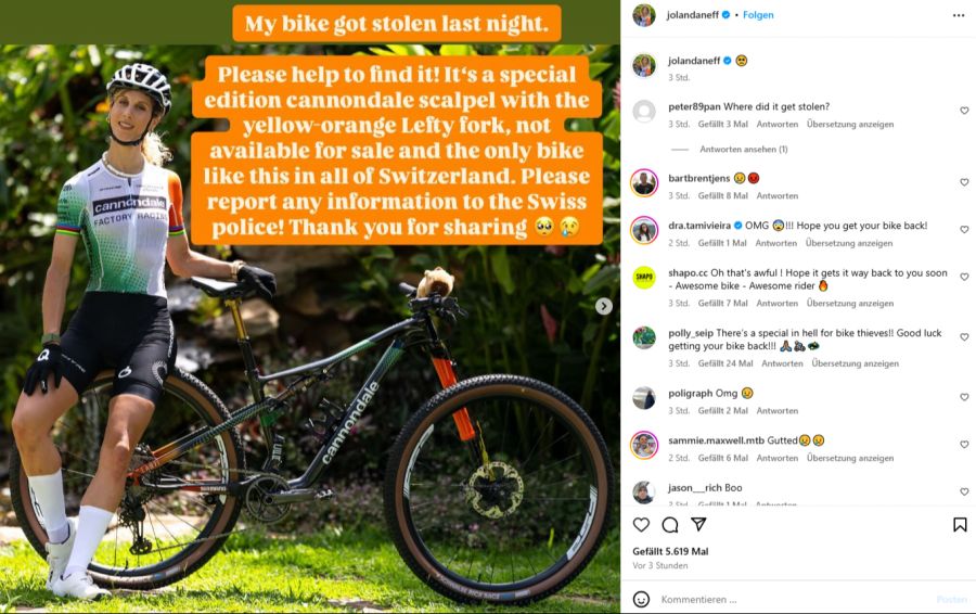 Velo gestohlen! Jolanda Neff sucht Hilfe im Netz.