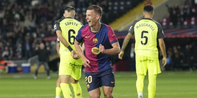 Dani Olmo jubelt über seinen Treffer zum Sieg über Mallorca. barcelona
