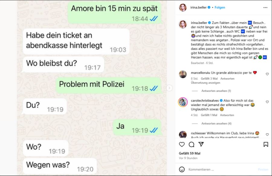 Auf Instagram erklärt Beller, dass sie nichts falsch gemacht habe, die Polizei habe dies bestätigt.