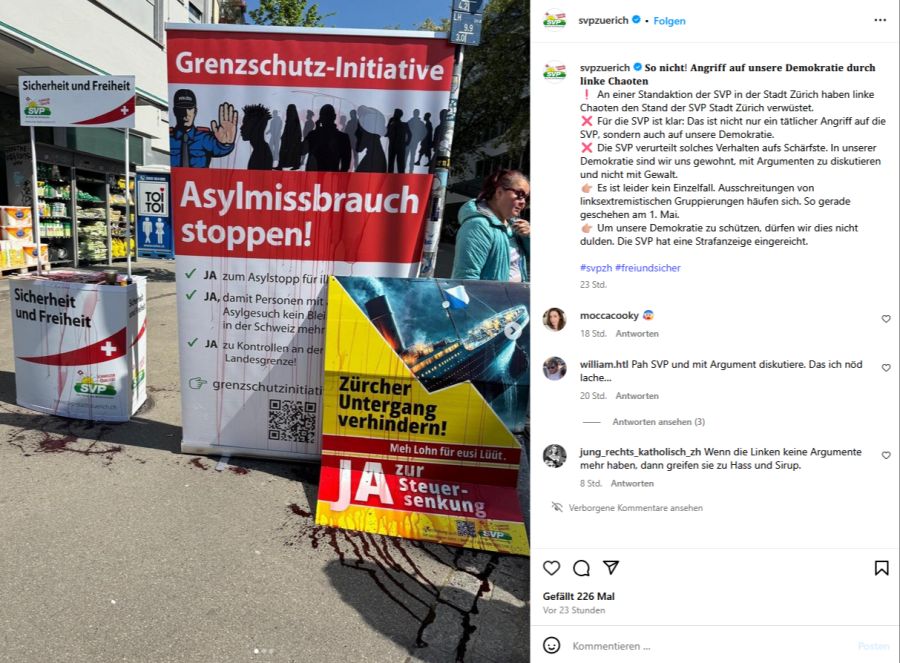 Die Zürcher SVP informiert auf Instagram über die Stand-Attacke.