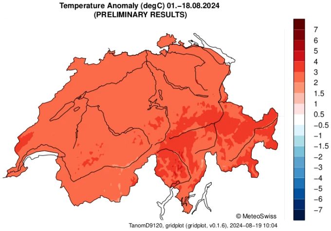Diese Karte zeigt die Abweichung der Monatsmitteltemperatur vom August bis am letzten Sonntag von der Norm 1991-2020. Monatsmitteltemperatur August 2024