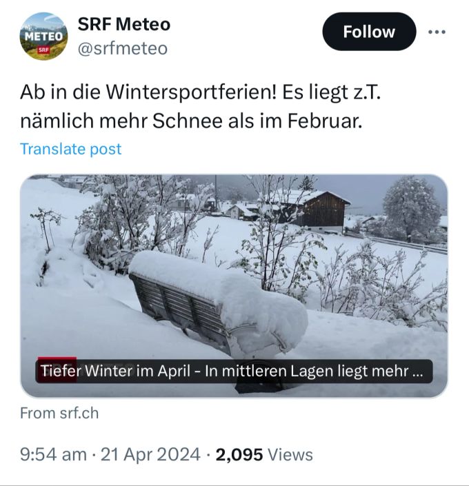 SRF Meteo rief auf X zum Aufbruch in die Wintersportferien auf. SRF Meteo X-Post