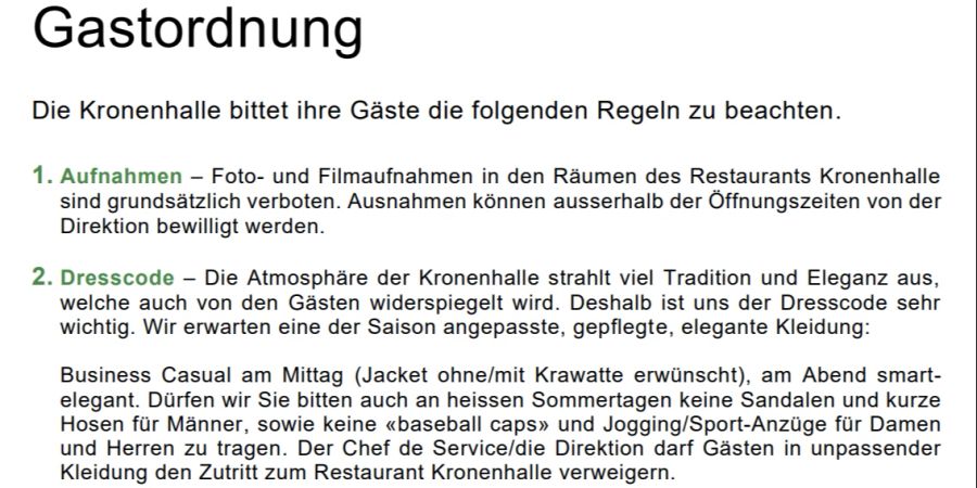 Die Gastordnung der Kronenhalle sieht unter anderem einen strengen Dresscode vor.