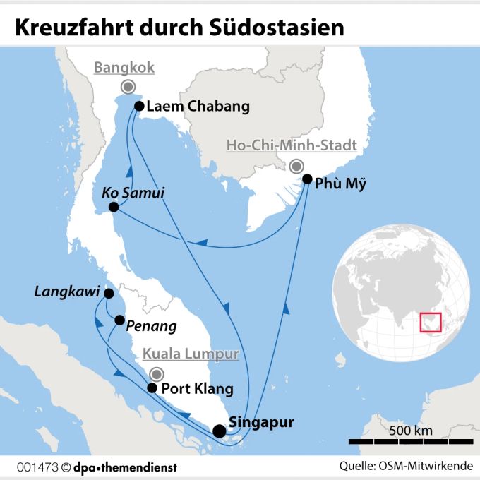 Einmal kreuz und quer durch Südostasien: Das Schiff steuerte Häfen in Malaysia, Vietnam, Thailand an – Start und Ziel war Singapur Südostasien Schiff Start Ziel