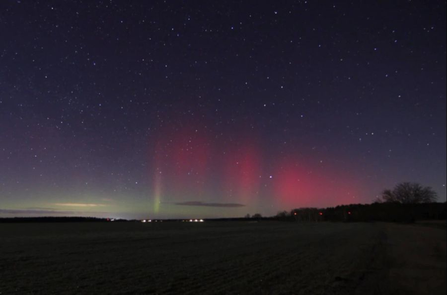 Polarlichter leuchten über Jerichow in Sachsen-Anhalt. (Cevin Dettlaff/TNN/dpa +++ dpa-Bildfunk +++)