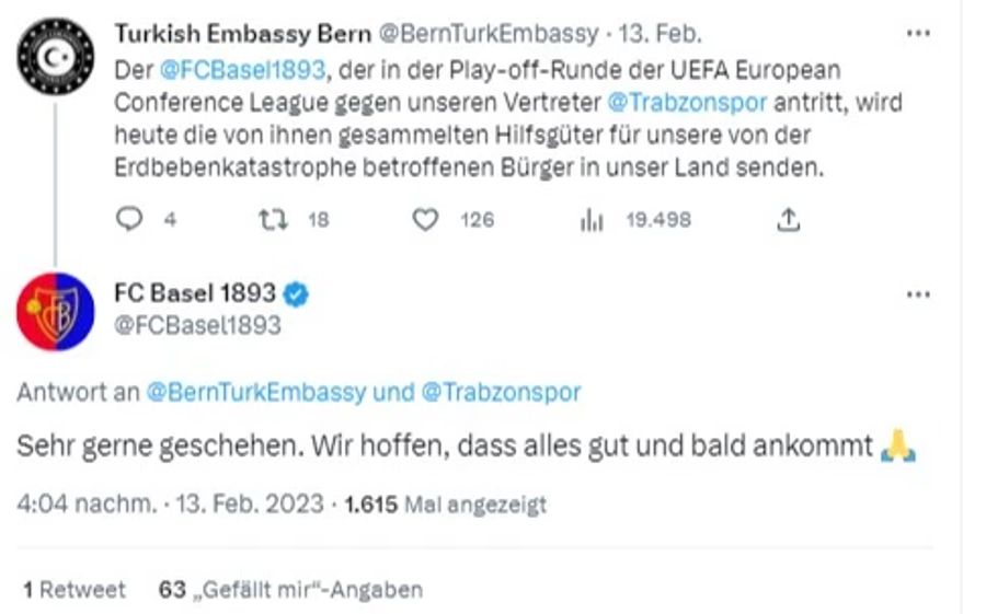 Die türkische Botschaft bedankt sich beim Schweizer Club für die Unterstützung.