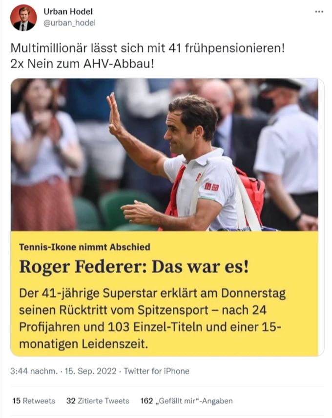 Urban Hodel twittert: «Multimillionär lässt sich mit 41 frühpensionieren! 2x Nein zum AHV-Abbau!» Tweet Urban Hodel