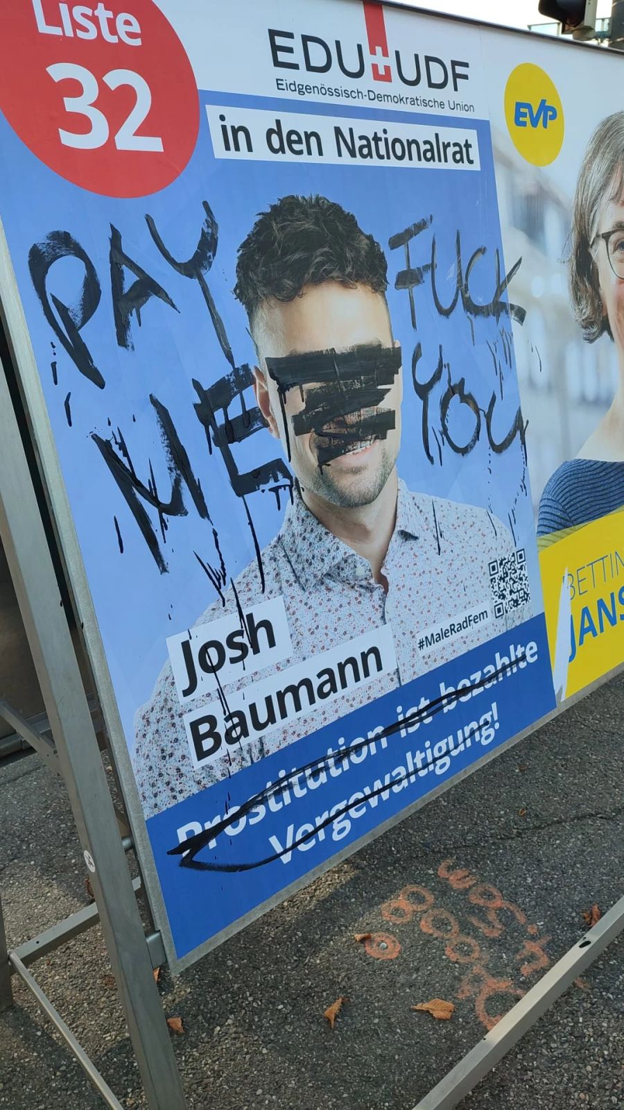 Auch das Plakat von EDU-Nationalratskandidat Josh Baumann wurde zerstört.