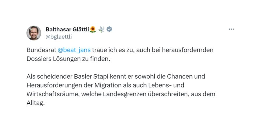 Grünen-Präsident Balthasar Glättli traut es Beat Jans zu, im EJPD bei «herausfordernden Dossiers Lösungen zu finden».