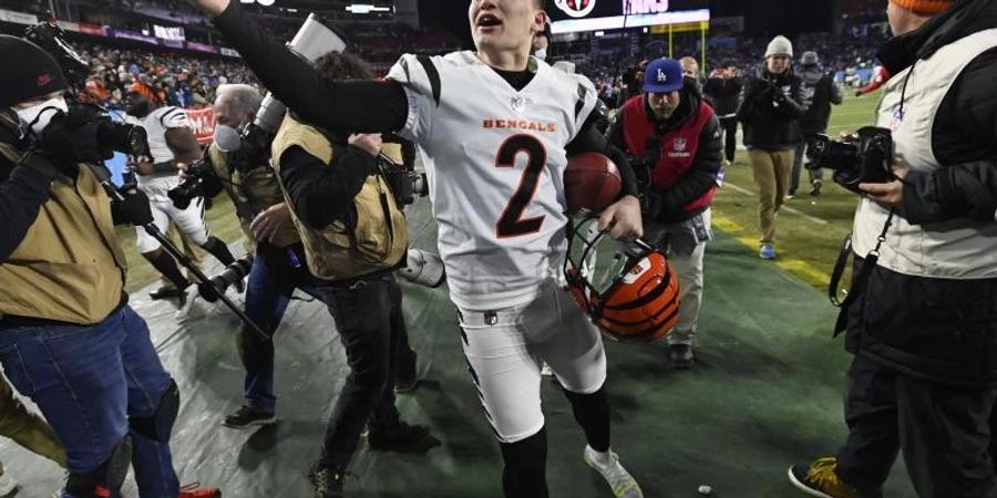 Der Kicker der Cincinnati Bengals, Evan McPherson, feiert sein Field Goal. Foto: Mark Zaleski/AP/dpa