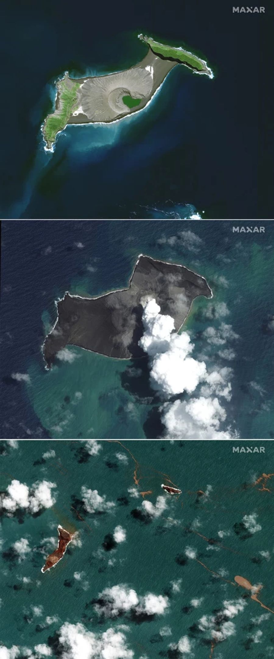 Diese Satellitenbilder zeigen den Vulkan Hunga-Tonga-Hunga-Ha'apai am 10. April 2021, am 6. Januar 2022 und das Übriggebliebene am 15. Januar nach der Eruption.