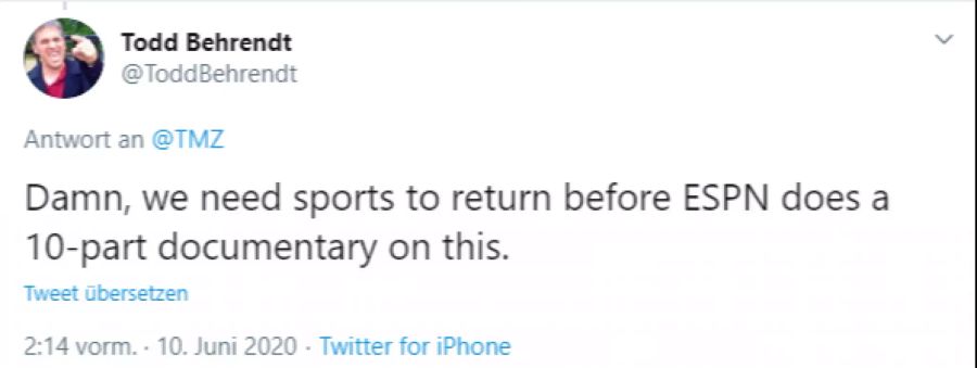 «Verdammt, der Sport muss zurückkommen, bevor ESPN darüber eine zehnteilige Dokumentation macht.» Twitter-User @ToddBehrendt bezieht sich damit auf die Dokumentation «The Last Dance».