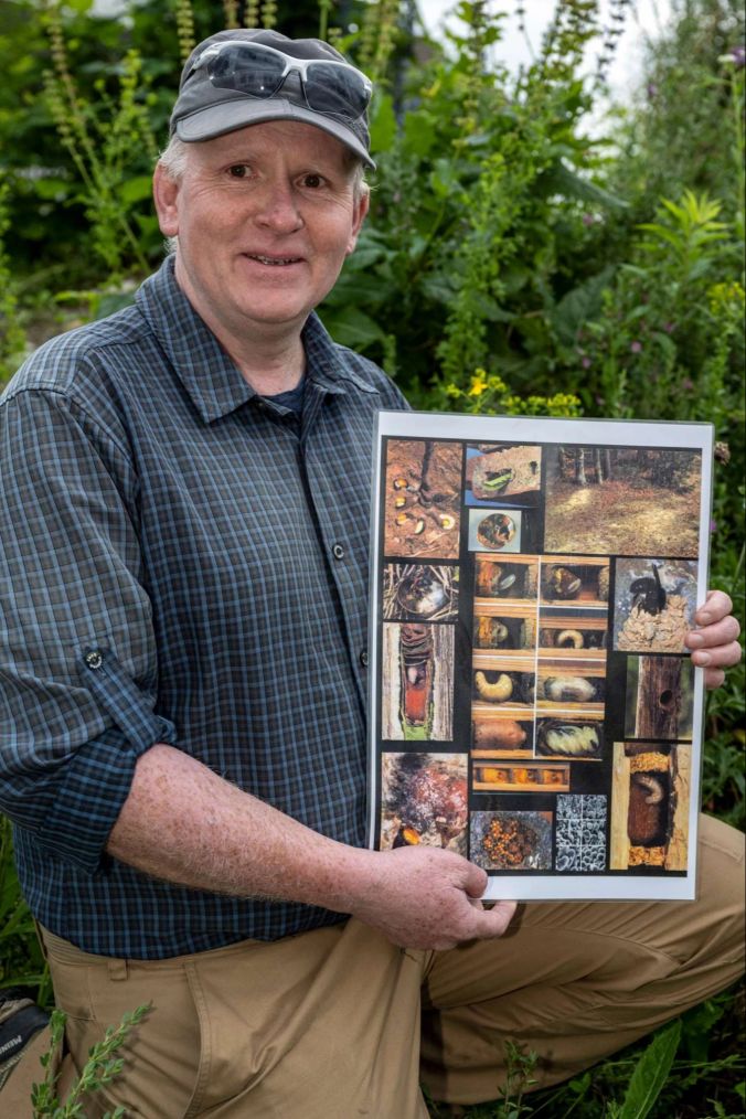 Biologe Andreas Jaun mit einer Bildtafel, die zeigt wie Wildbienen wohnen