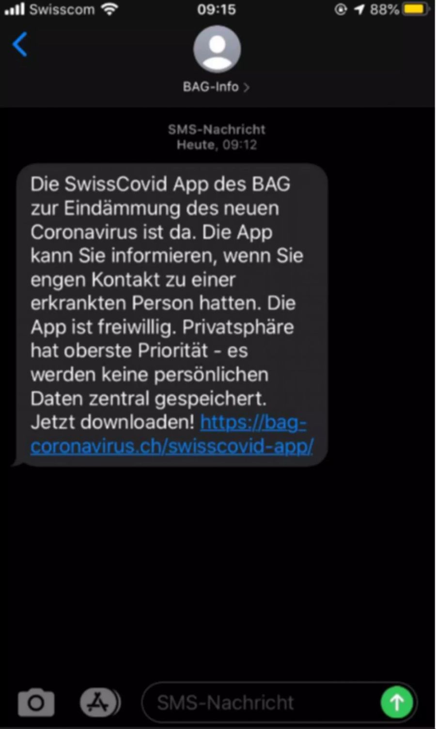 sms swisscom Covid app