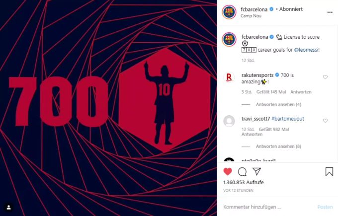 Auch der FC Barcelona gratuliert Lionel Messi auf Instagram zu seinem 700. Treffer. Lionel Messi FC Barcelona