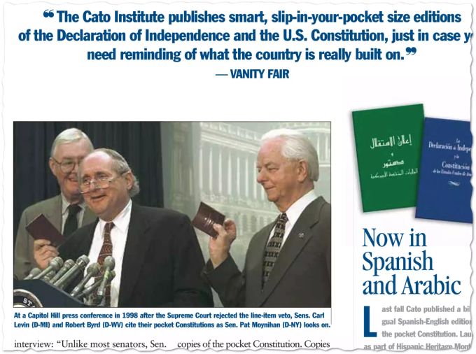 Das «Cato Institute», eine libertäre Denkfabrik, fördert das Mitführen von Mini-Verfassungen durch eigene Ausgaben und präsentiert stolz einen Schnappschuss mit gleich zwei Senatoren, die ihre persönliche Verfassung zücken. Cato Institute US-Verfassung
