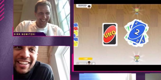 Der ehemalige deutsche Basketballspieler Dirk Nowitzki beim digitalen UNO mit ehemaligen Weggefährten. Foto: Logged in Festival/dpa Der ehemalige deutsche Basketballspieler Dirk Nowitzki beim digitalen UNO mit ehemaligen Weggefährten. Foto: Logged in Festival/dpa