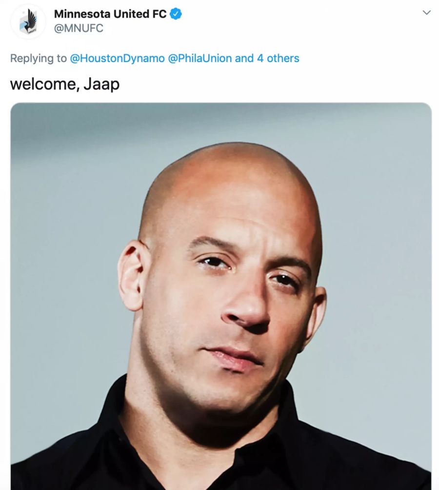 Vin Diesel wird von Minnesota United FC als Jaap-Stam-Double benutzt.